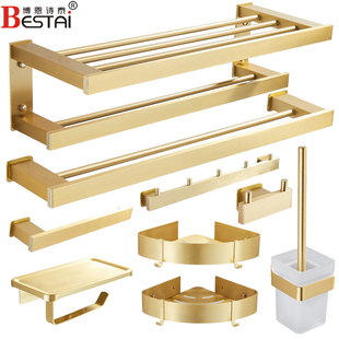 免打孔拉丝金毛巾架太空铝浴室卫浴五金挂件套装 欧式 浴巾架置物架