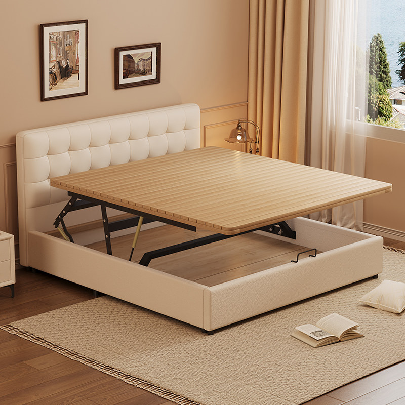 小户型华夫格奶油风薄床头气压储物多功能箱体大容量静音床可定制,住宅家具,实木床,淘宝优惠券,粉丝福利购,淘宝优惠卷