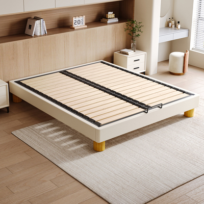 奶油风加厚加密钢木排骨架实木床