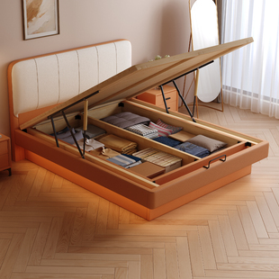 奶油风双拼色实木气压薄床头静音悬浮储物小户型主卧双人床可定制