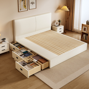 全实木薄床头榻榻米储物床小户型抽屉真皮主卧大床可定制尺寸