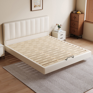 奶油风现代简约薄床头主卧双人床齐边极简薄床头靠背软包悬浮床