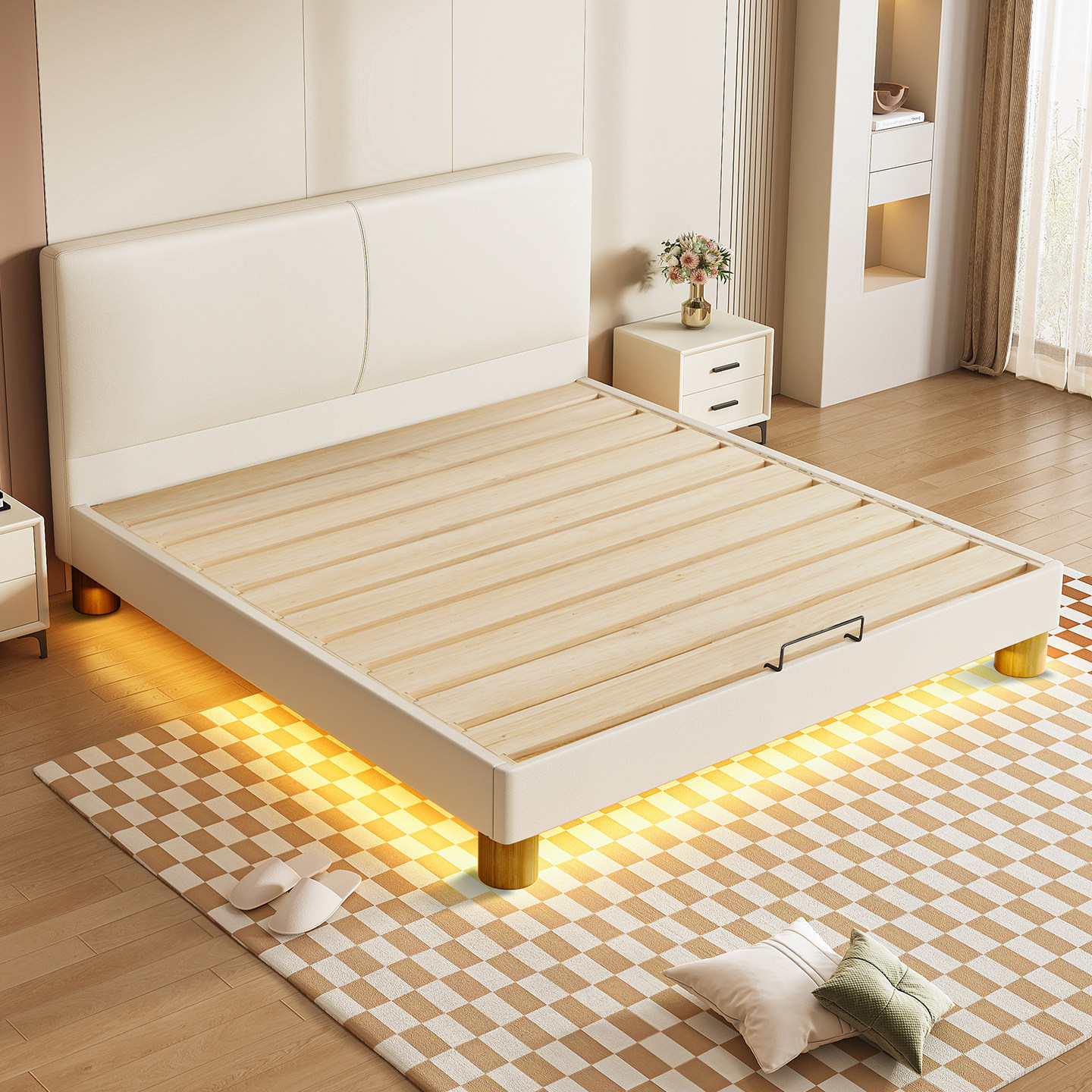 小户型纯实木薄床头床燕尾榫奶油风静音双人床榫卯结构可定制尺寸