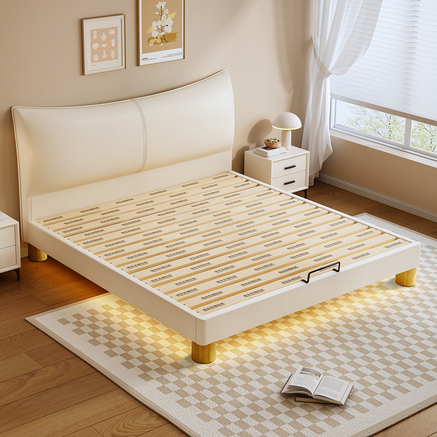 纯实木齐边床小户型薄床头奶油风卧室静音双人床支持定制尺寸