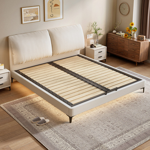 实木奶油风大象耳朵静音床薄床头1.5m齐边小户型主卧双人床可定制