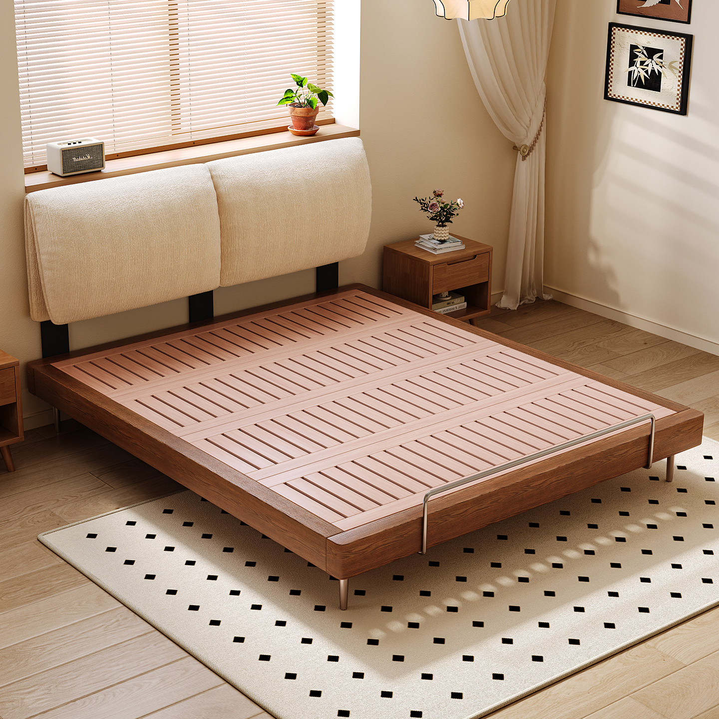 纯实木小户型薄床头满铺榉木静音双人主卧床卧室齐边床可定制尺寸