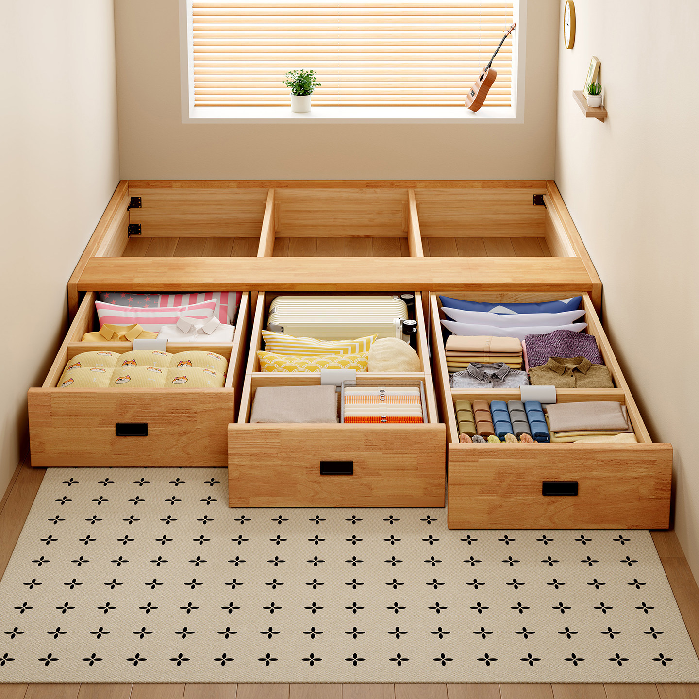 全实木无床头榻榻米小户型双人床卧室三抽储物落地床可支持定制