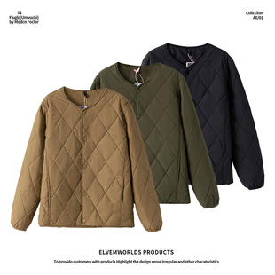 含蚕丝菱形格绗棉秋冬男款情侣款夹棉防风保暖轻量化无领棉衣外套