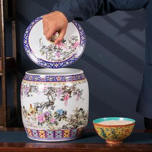 景德镇陶瓷粉彩米缸面粉油缸20斤米桶家用带盖防潮防虫密封储物罐