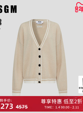 MSGM秋冬女士V领刺绣撞色羊毛绒混纺长袖针织开衫