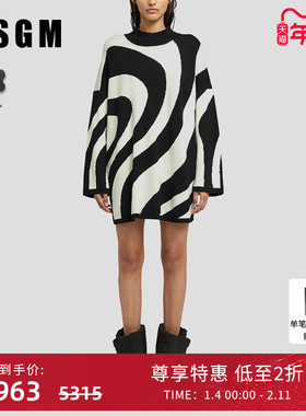 MSGM秋冬款女士慵懒风圆领宽松圆领套头羊毛针织毛衣高级感黑白色