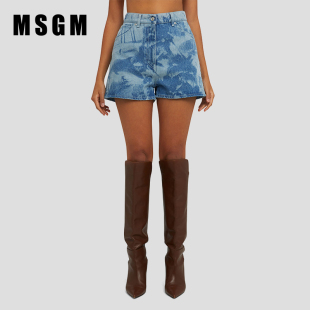MSGM早春女士纯棉印花蓝色高腰牛仔短裤