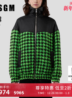 MSGM冬季女士千鸟格纹拼接设计羊毛混纺飞行夹克外套