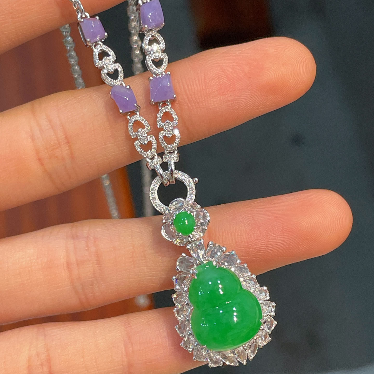 翠秦之皇冰阳绿葫芦锁骨链 18k金镶嵌天然翡翠A货高档礼物收藏