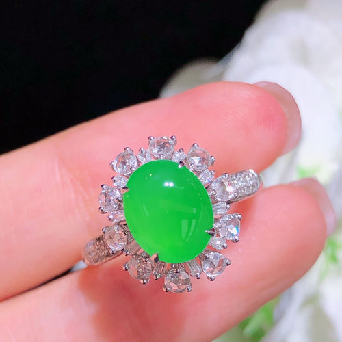 翠秦之皇冰阳绿蛋面戒指 18k金镶嵌天然缅甸翡翠A货水润细腻种老