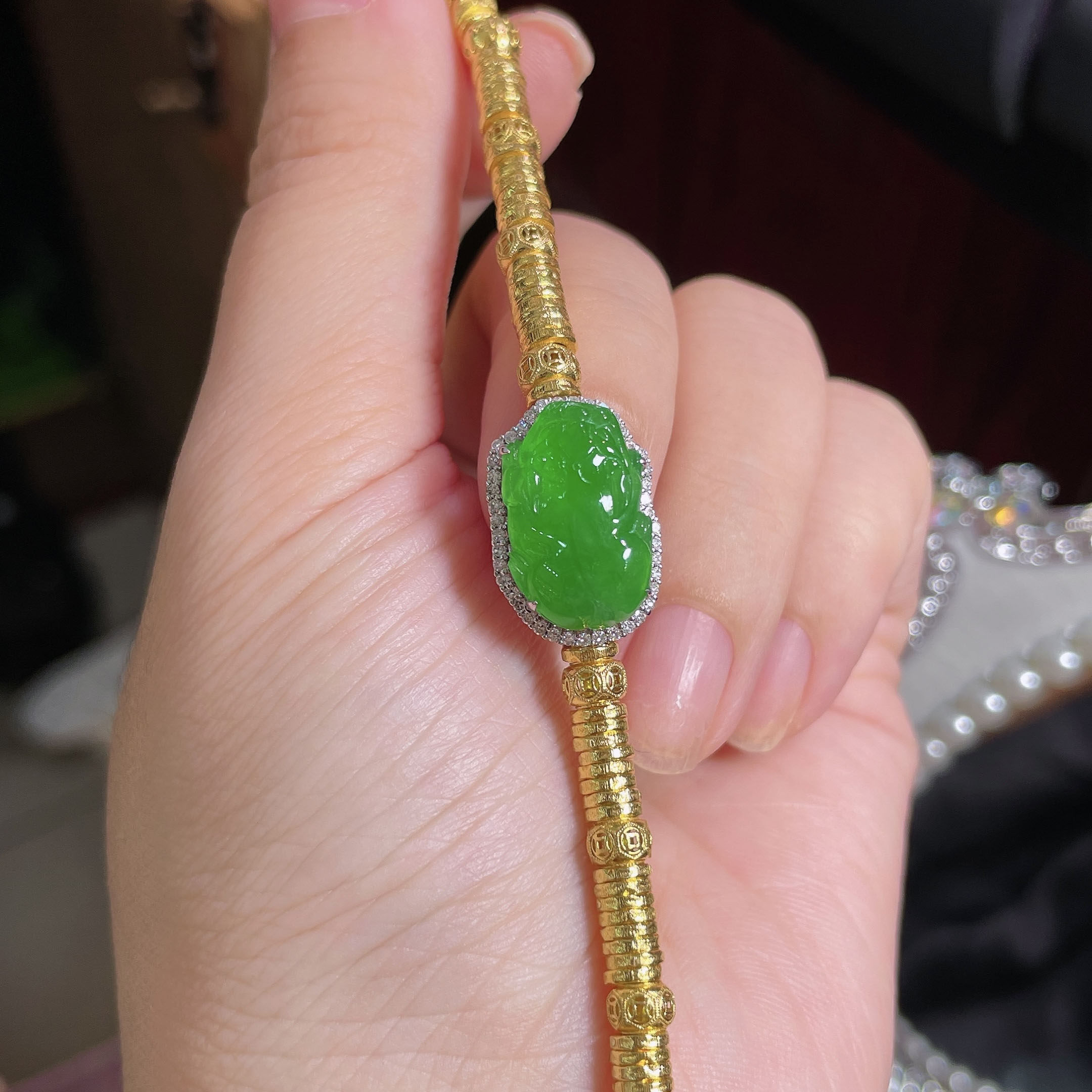 翠秦之皇冰阳绿貔貅手链 18k金镶嵌天然翡翠A货高档礼物收藏