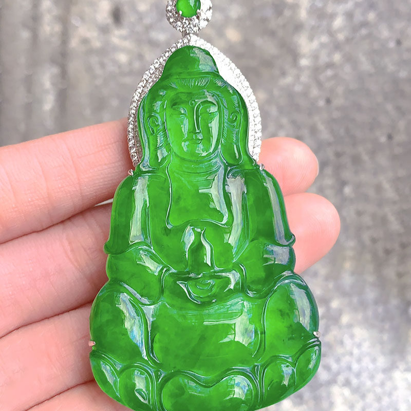 翠秦之皇高冰种阳绿观音吊坠 18k金镶嵌天然缅甸翡翠细腻饱满通透