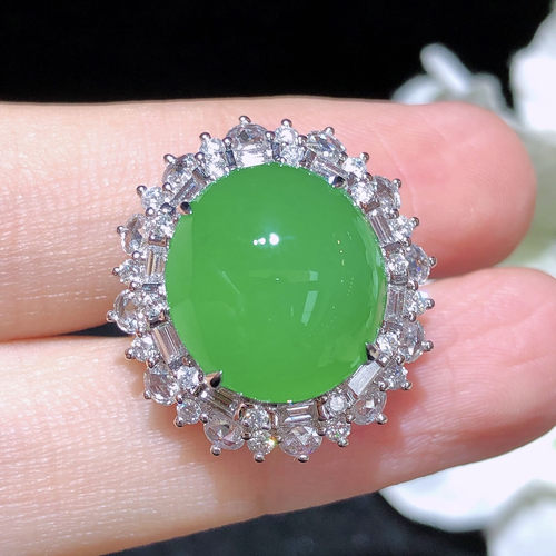 翠秦之皇冰阳绿蛋面戒指 18k金镶嵌天然缅甸翡翠A货水润细腻种老