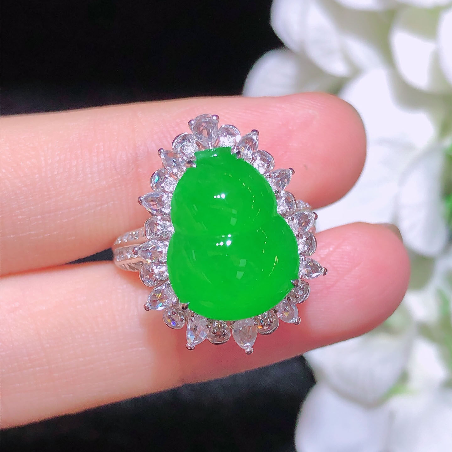 翠秦之皇冰阳绿葫芦戒指 18k金镶嵌天然缅甸翡翠A货水润细腻种老