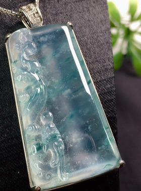 翠秦之皇高冰飘花龙行天下吊坠 18k金钻石镶嵌天然A货翡翠饱满