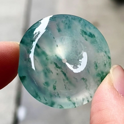 翠秦之皇高冰飘蓝花平安扣吊坠 玉石老坑种天然翡翠A货