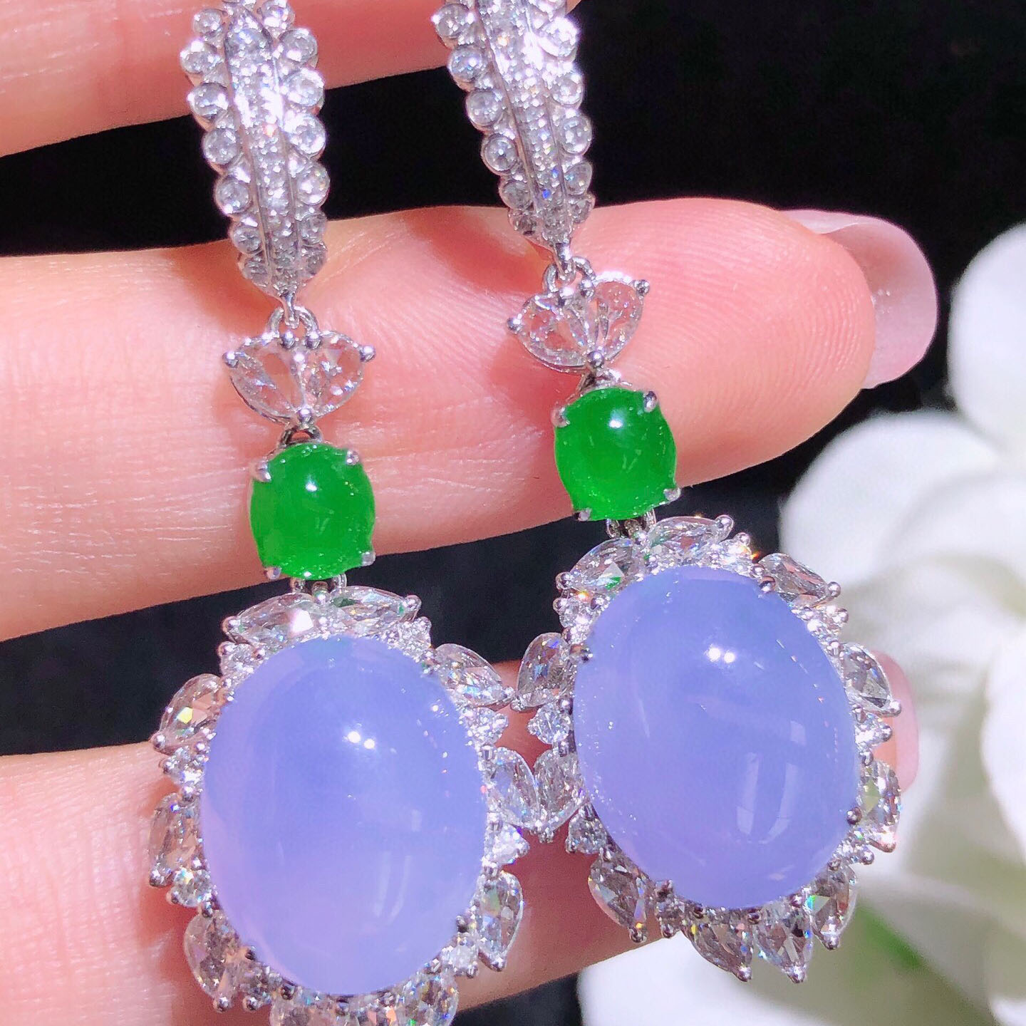 翠秦之皇冰紫罗兰蛋面耳坠 18k金镶嵌天然翡翠A货种色兼备气质