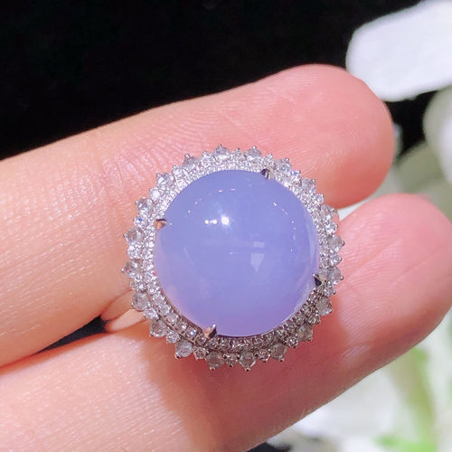 翠秦之皇冰紫罗兰蛋面戒指 18k金镶嵌天然缅甸翡翠A货水润细腻