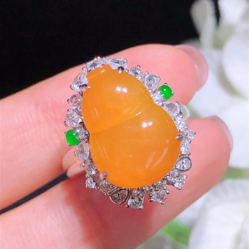 翠秦之皇冰黄翡翠葫芦戒指 18k金镶嵌天然翡翠A货种色兼备气质