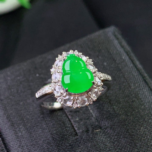 翠秦之皇冰阳绿葫芦戒指 18k金镶嵌天然缅甸翡翠A货水润细腻种老