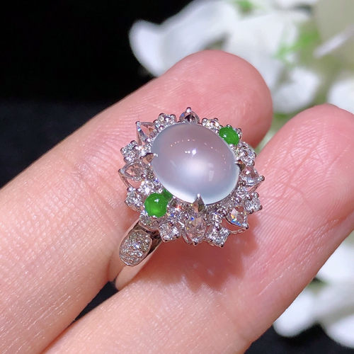 翠秦之皇高冰蛋面戒指 18k金钻石镶嵌天然A货翡翠饱满莹润冰透