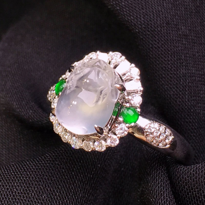 翠秦之皇高冰种貔貅戒指 18k金镶嵌天然缅甸翡翠种老细腻冰透