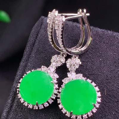 翠秦之皇冰阳绿圆牌耳坠 18k金镶嵌天然翡翠A货种色兼备气质优雅