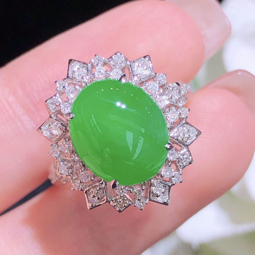 翠秦之皇冰阳绿蛋面戒指 18k金镶嵌天然缅甸翡翠A货水润细腻种老