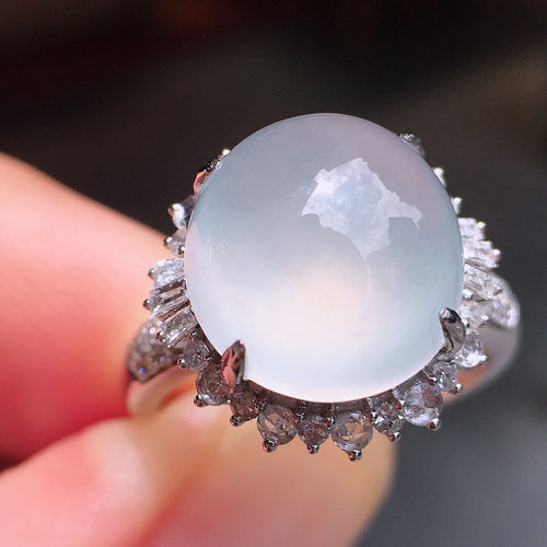 翠秦之皇高冰蛋面戒指 18k金钻石镶嵌天然A货翡翠饱满莹润冰透