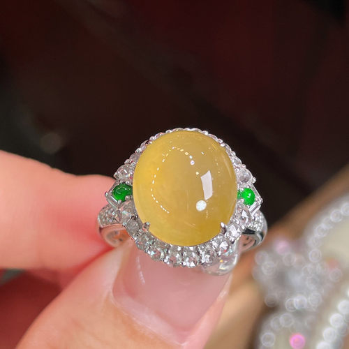 翠秦之皇冰黄翡翠蛋面戒指 18k金镶嵌天然缅甸翡翠A货水润细腻