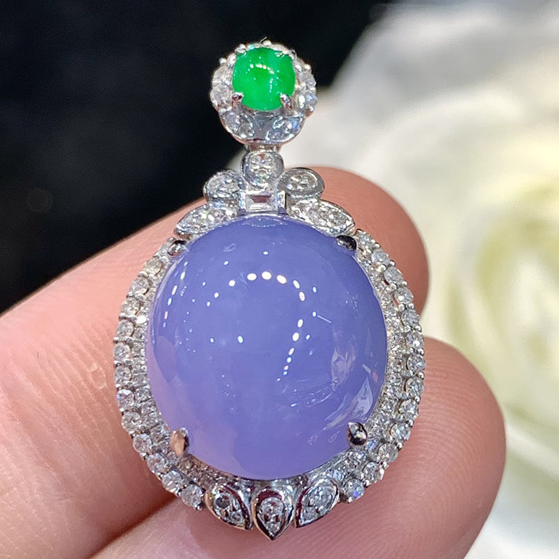 翠秦之皇冰种紫罗兰蛋面吊坠 18k金镶嵌天然缅甸翡翠细腻饱满通透