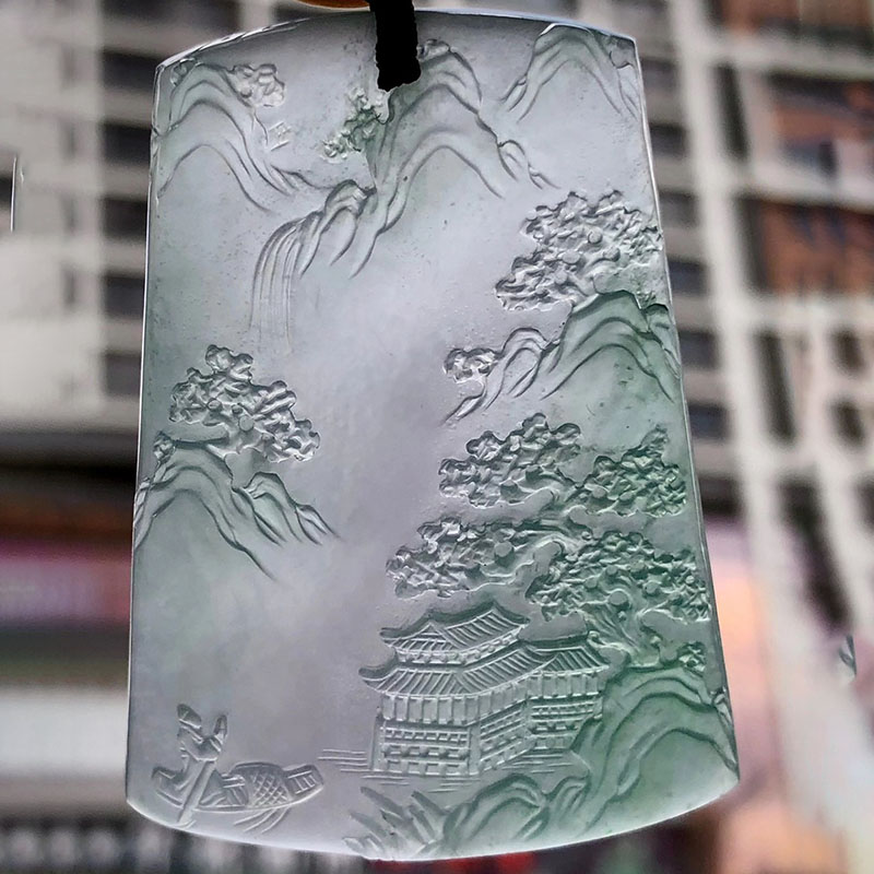 皇冰种山水牌子吊坠天然翡翠玉石