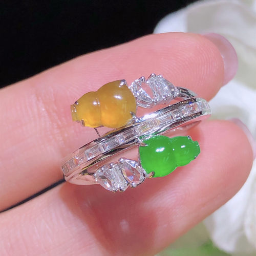 翠秦之皇冰双色葫芦戒指 18k金镶嵌天然翡翠A货种色兼备气质优雅