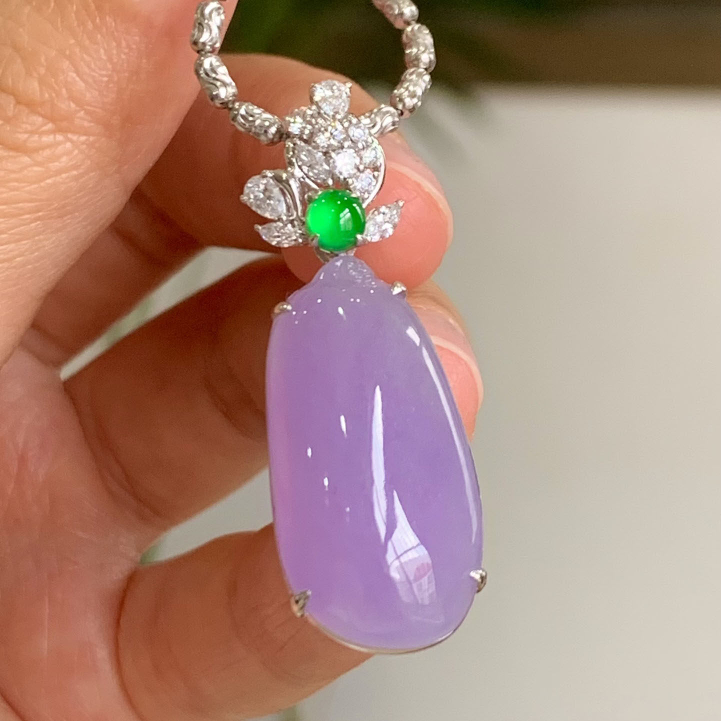 翠秦之皇冰粉紫福瓜吊坠 18k金镶嵌天然缅甸A货翡翠饱满大气起光