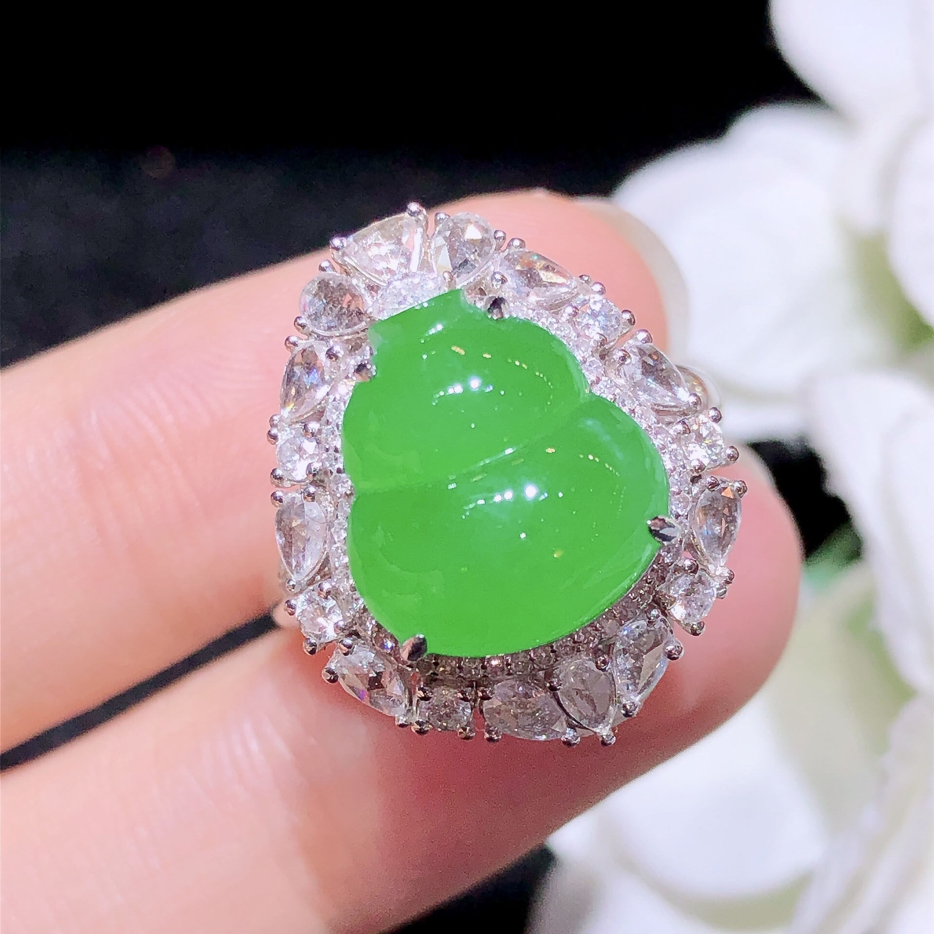 翠秦之皇冰阳绿葫芦戒指 18k金镶嵌天然翡翠A货高档礼物收藏