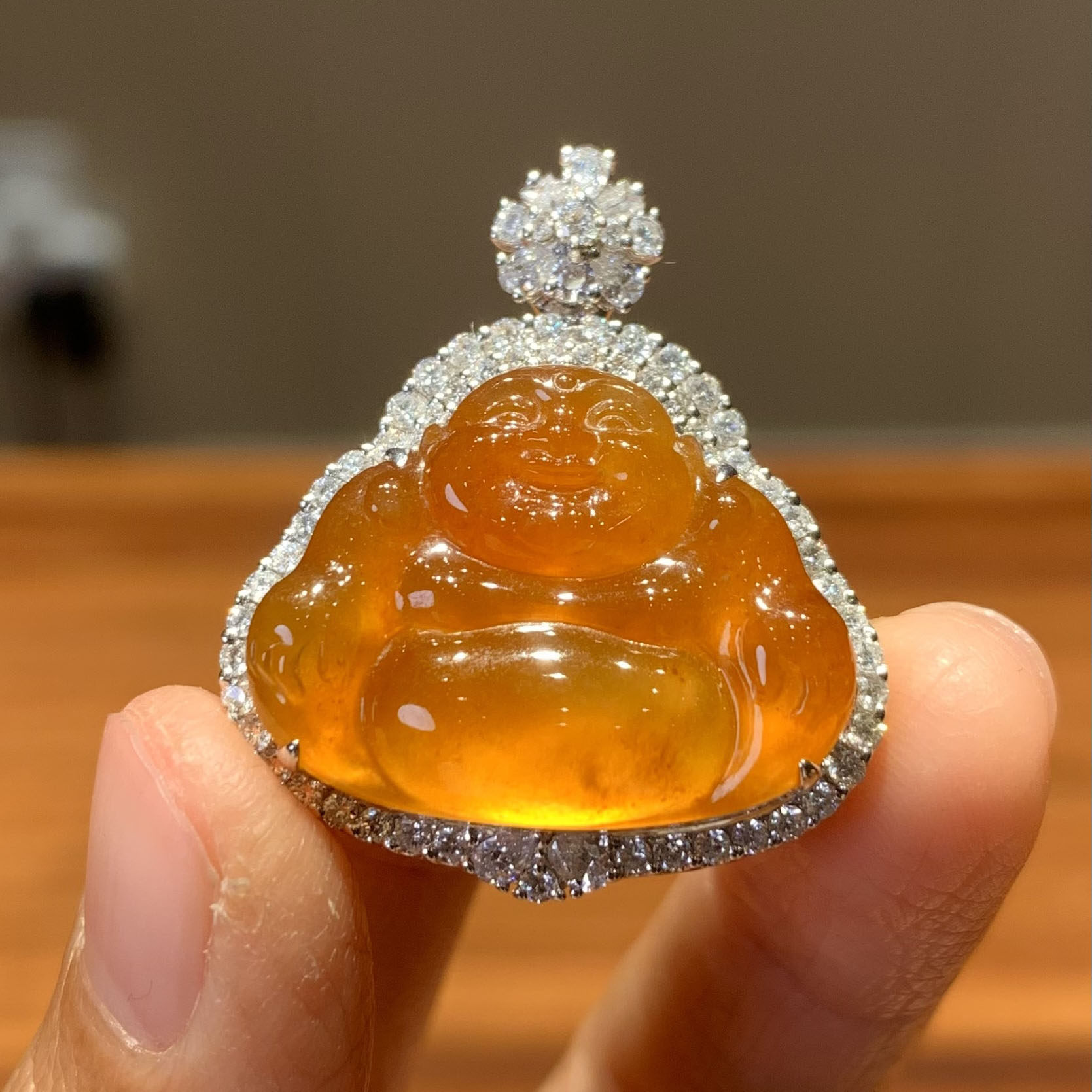 翠秦之皇红翡佛公吊坠 18k金镶嵌天然缅甸翡翠A货水润细腻种老