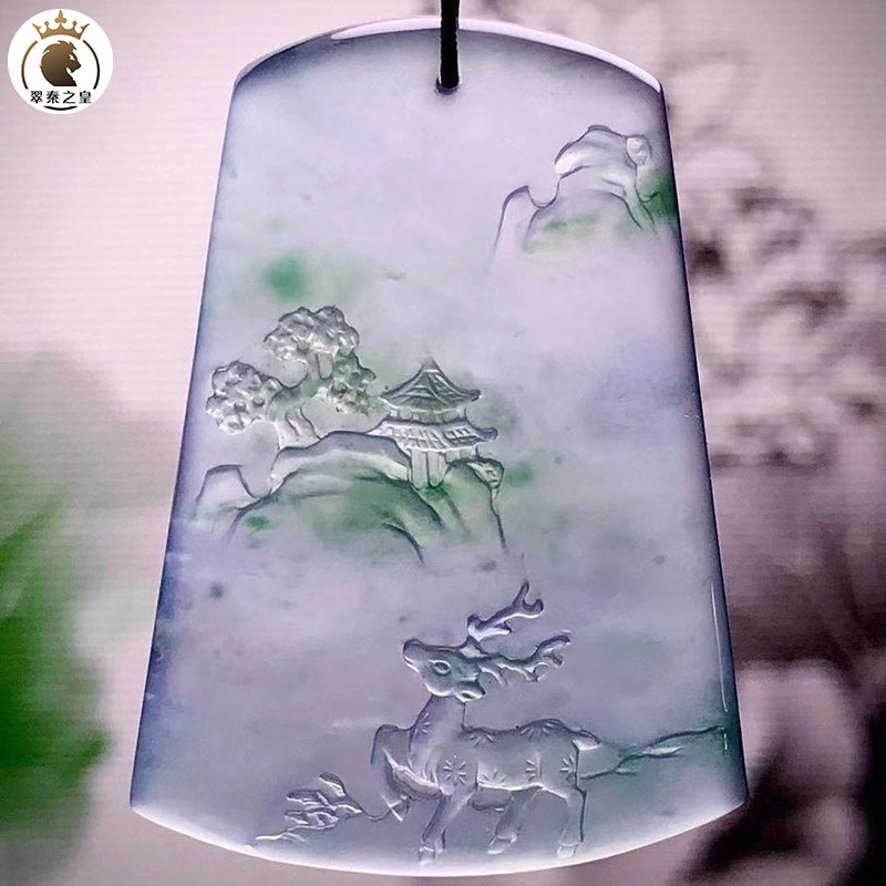 翠秦之皇高冰飘花山水牌子 瑞禧玉雕作品寓意一路长伴 天然a货