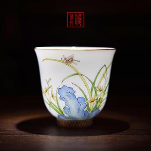 景德镇手绘陶瓷茶器珐琅彩幽兰主人杯