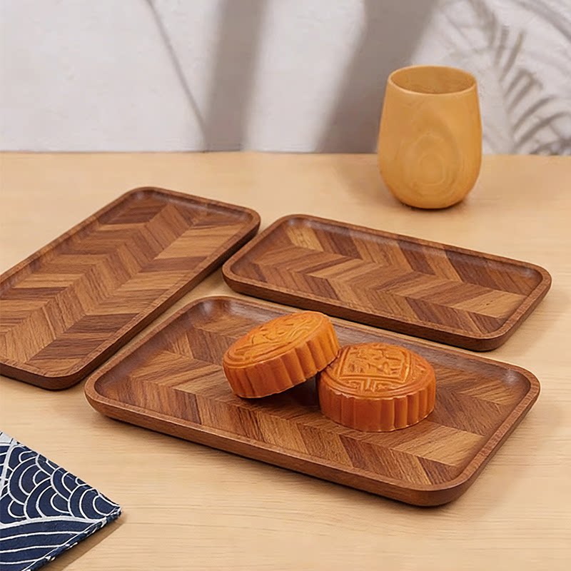 木质鱼骨纹托盘茶点盘家用餐用托盘多功能收纳盘长方形餐盘相思木