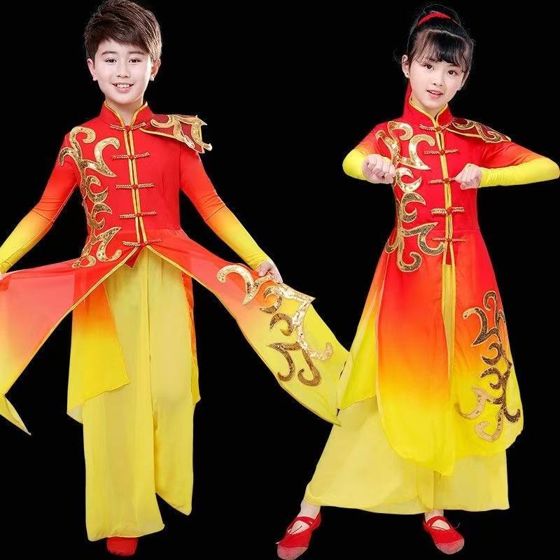 韩式新款儿童少年中国扇子舞腰鼓服开门红风秧歌舞志颂红旗喜庆演