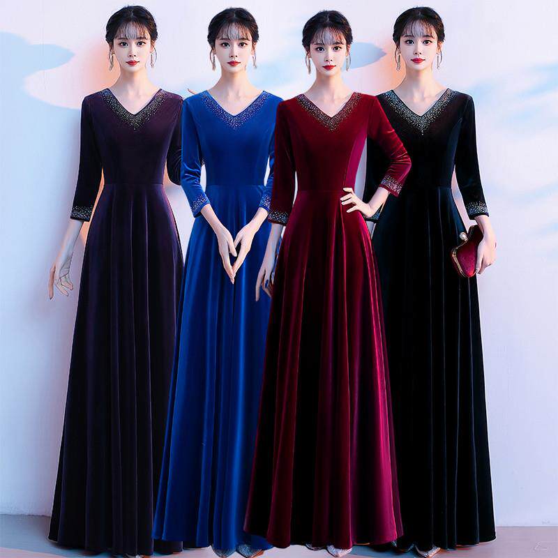 韩式大合唱团表演服装长裙艺考金丝绒朗诵演出服女主持人独唱晚礼