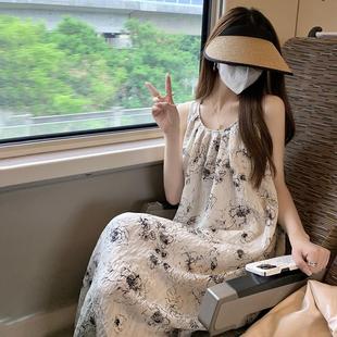 超仙多巴胺海边度假新中式 水墨画碎花吊带连衣裙女夏法式 国风长裙