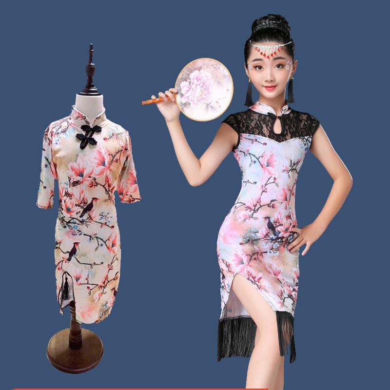 韩式旗袍裙拉丁舞蹈演出服儿童拉丁舞流苏中国裙戏曲少儿裙风走秀