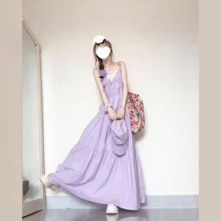 紫色超仙v领吊带连衣裙女夏日绝美小裙子海边度假风漂亮沙滩长裙