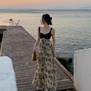 水墨碎花度假裙海边沙滩裙吊带连衣裙女夏显瘦 三亚新中式